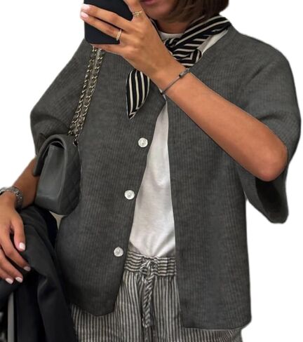 ICNGLKSND Women's Short Sleeve Cardigan Button Down Open Front Round Neck Shrug Knit Solid Color Tops in Kuwait