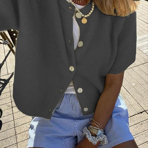 ICNGLKSND Women's Short Sleeve Cardigan Button Down Open Front Round Neck Shrug Knit Solid Color Tops in Kuwait