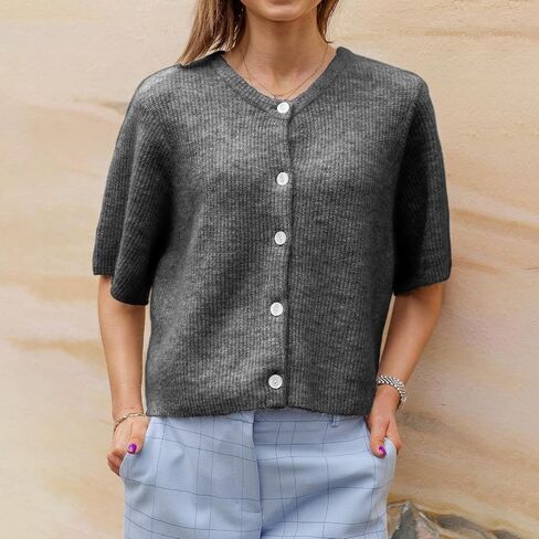 ICNGLKSND Women's Short Sleeve Cardigan Button Down Open Front Round Neck Shrug Knit Solid Color Tops in Kuwait