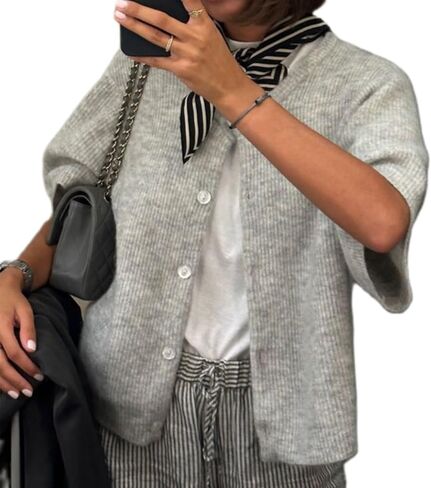 ICNGLKSND Women's Short Sleeve Cardigan Button Down Open Front Round Neck Shrug Knit Solid Color Tops in Kuwait