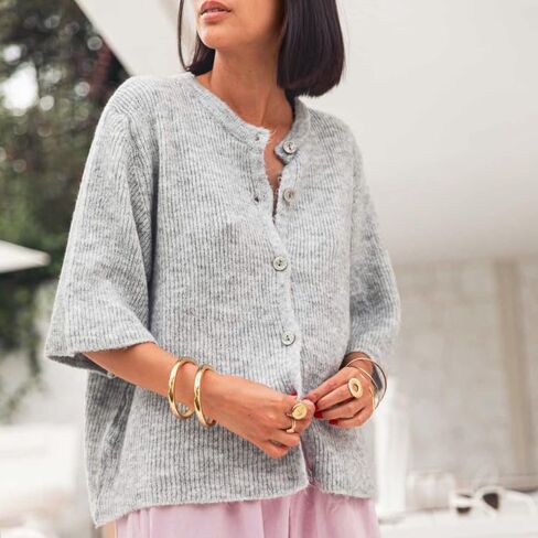 ICNGLKSND Women's Short Sleeve Cardigan Button Down Open Front Round Neck Shrug Knit Solid Color Tops in Kuwait