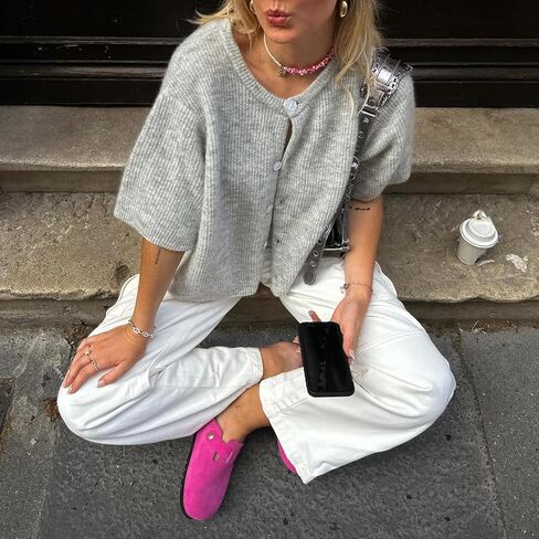 ICNGLKSND Women's Short Sleeve Cardigan Button Down Open Front Round Neck Shrug Knit Solid Color Tops in Kuwait