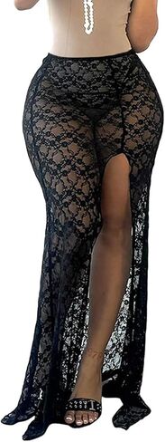 Women's Sexy High Waist Split Black Floral Lace Print Sheer Mesh Midi Skirt Pleated Asymmetrical Cut Out Maxi Skirt for Party in Saudi Arabia