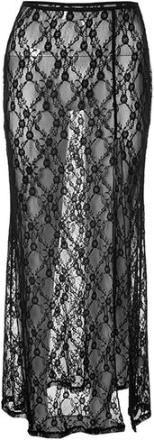 Women's Sexy High Waist Split Black Floral Lace Print Sheer Mesh Midi Skirt Pleated Asymmetrical Cut Out Maxi Skirt for Party in Saudi Arabia