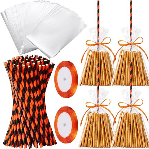Yexiya 100 Pcs Halloween Witch Broomstick Cellophane Treat Bag DIY Set Halloween Candy Cookie Treat Bags with Ribbons Straws for Halloween Trick or Treat Party Supplies(Orange) in Saudi Arabia