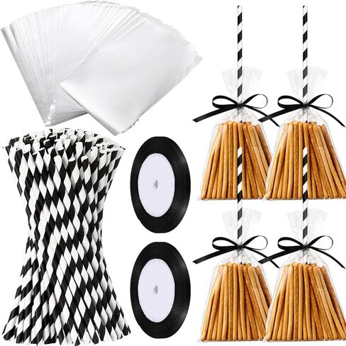 Yexiya 100 Pcs Halloween Witch Broomstick Cellophane Treat Bag DIY Set Halloween Candy Cookie Treat Bags with Ribbons Straws for Halloween Trick or Treat Party Supplies(Orange) in Saudi Arabia