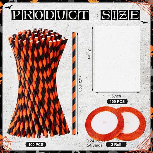 Yexiya 100 Pcs Halloween Witch Broomstick Cellophane Treat Bag DIY Set Halloween Candy Cookie Treat Bags with Ribbons Straws for Halloween Trick or Treat Party Supplies(Orange) in Saudi Arabia