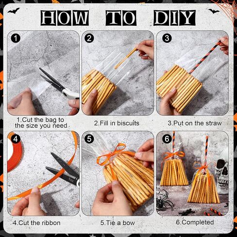 Yexiya 100 Pcs Halloween Witch Broomstick Cellophane Treat Bag DIY Set Halloween Candy Cookie Treat Bags with Ribbons Straws for Halloween Trick or Treat Party Supplies(Orange) in Saudi Arabia