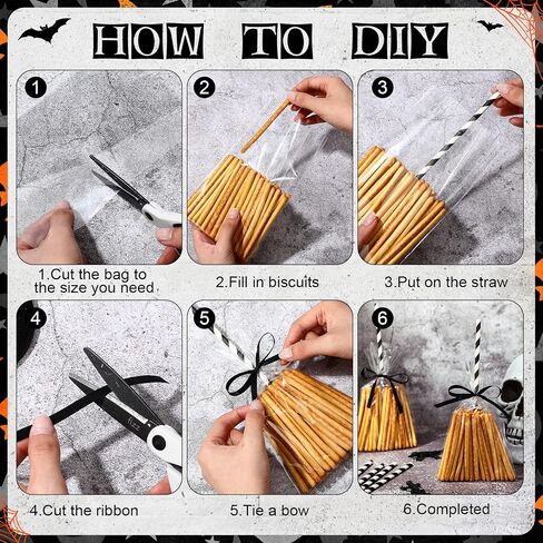 Yexiya 100 Pcs Halloween Witch Broomstick Cellophane Treat Bag DIY Set Halloween Candy Cookie Treat Bags with Ribbons Straws for Halloween Trick or Treat Party Supplies(Orange) in Saudi Arabia