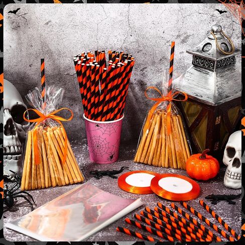 Yexiya 100 Pcs Halloween Witch Broomstick Cellophane Treat Bag DIY Set Halloween Candy Cookie Treat Bags with Ribbons Straws for Halloween Trick or Treat Party Supplies(Orange) in Saudi Arabia