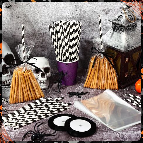 Yexiya 100 Pcs Halloween Witch Broomstick Cellophane Treat Bag DIY Set Halloween Candy Cookie Treat Bags with Ribbons Straws for Halloween Trick or Treat Party Supplies(Orange) in Saudi Arabia