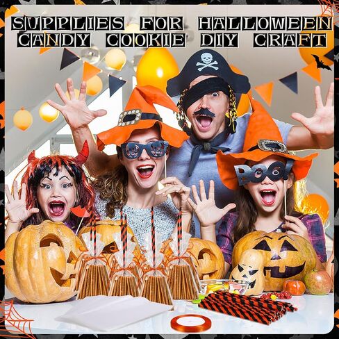 Yexiya 100 Pcs Halloween Witch Broomstick Cellophane Treat Bag DIY Set Halloween Candy Cookie Treat Bags with Ribbons Straws for Halloween Trick or Treat Party Supplies(Orange) in Saudi Arabia
