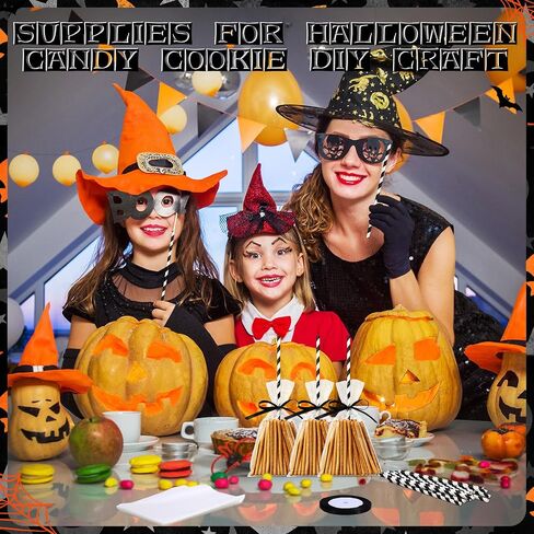 Yexiya 100 Pcs Halloween Witch Broomstick Cellophane Treat Bag DIY Set Halloween Candy Cookie Treat Bags with Ribbons Straws for Halloween Trick or Treat Party Supplies(Orange) in Saudi Arabia