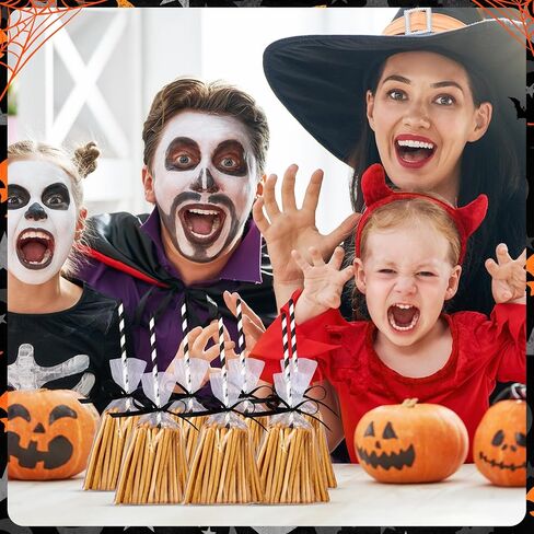 Yexiya 100 Pcs Halloween Witch Broomstick Cellophane Treat Bag DIY Set Halloween Candy Cookie Treat Bags with Ribbons Straws for Halloween Trick or Treat Party Supplies(Orange) in Saudi Arabia