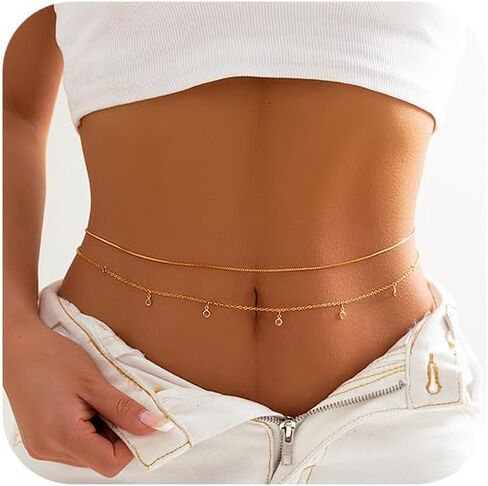 18K Plated Gold Waist Chain Layered, Adjustable Gold Belly Chains for Women, Body Chain Jewelry for Women, Stomach Jewelry Chain Bikini, Gold Waist Beads, Pearl Waist Chains 26-37 Inch in Saudi Arabia