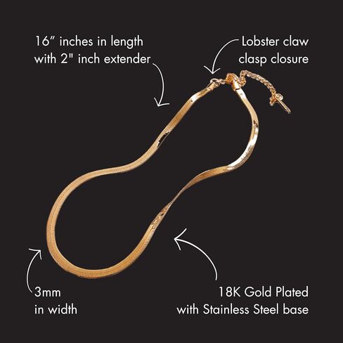 Plated Necklace Chain, Stainless Steel Chain With 18K Gold Plated Finish, Waterproof Herringbone Chain Necklace, 16 Inches Long Chain With 2" Extender in Saudi Arabia