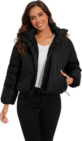 Tanderin Womens Winter Cropped Puffer Jacket Removable Hood Zip-Up Short Down Coat with Pockets with Pockets in Saudi Arabia