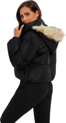 Tanderin Womens Winter Cropped Puffer Jacket Removable Hood Zip-Up Short Down Coat with Pockets with Pockets in Saudi Arabia