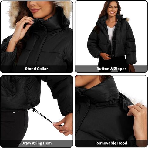 Tanderin Womens Winter Cropped Puffer Jacket Removable Hood Zip-Up Short Down Coat with Pockets with Pockets in Saudi Arabia