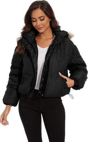 Tanderin Womens Winter Cropped Puffer Jacket Removable Hood Zip-Up Short Down Coat with Pockets with Pockets in Saudi Arabia