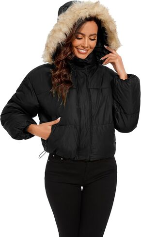 Tanderin Womens Winter Cropped Puffer Jacket Removable Hood Zip-Up Short Down Coat with Pockets with Pockets in Saudi Arabia