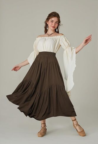 تنورة Scarlet Darkness ماكسي للنساء ذات خصر عالٍ وكشكشة وتنانير طويلة من عصر النهضة مع جيوب in Kuwait