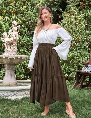 تنورة Scarlet Darkness ماكسي للنساء ذات خصر عالٍ وكشكشة وتنانير طويلة من عصر النهضة مع جيوب in Kuwait