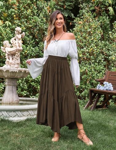 تنورة Scarlet Darkness ماكسي للنساء ذات خصر عالٍ وكشكشة وتنانير طويلة من عصر النهضة مع جيوب in Kuwait