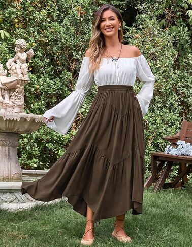 تنورة Scarlet Darkness ماكسي للنساء ذات خصر عالٍ وكشكشة وتنانير طويلة من عصر النهضة مع جيوب in Kuwait