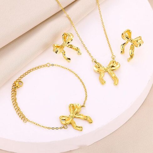 Bow Necklace Earrings Bracelet Set Bow Jewelry Set for Women Bowknot Pendant Chain Necklace Ribbon Stud Earrings Coquette Stuff Accessories Christmas Gifts in Saudi Arabia