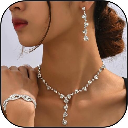 choice of all Wedding Jewelry Set for Brides Bridesmaids Silver Rhinestone Necklace Earrings Bracelet Sets Formal Costume Jewelry Prom Jewelry Sets for Women in Saudi Arabia