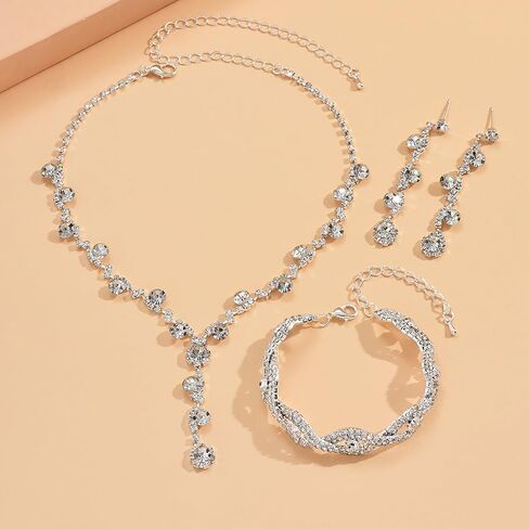 choice of all Wedding Jewelry Set for Brides Bridesmaids Silver Rhinestone Necklace Earrings Bracelet Sets Formal Costume Jewelry Prom Jewelry Sets for Women in Saudi Arabia