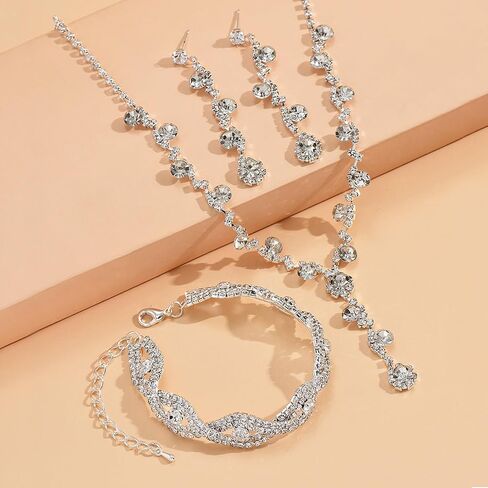 choice of all Wedding Jewelry Set for Brides Bridesmaids Silver Rhinestone Necklace Earrings Bracelet Sets Formal Costume Jewelry Prom Jewelry Sets for Women in Saudi Arabia