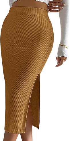 Women's Casual Midi Ribbed Knit Skirt with Side Slit Stretchy Work Business Casual Pencil Pull-On Skirts in Kuwait