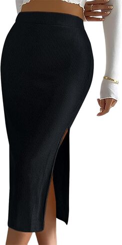 Women's Casual Midi Ribbed Knit Skirt with Side Slit Stretchy Work Business Casual Pencil Pull-On Skirts in Kuwait