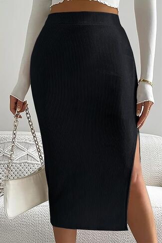 Women's Casual Midi Ribbed Knit Skirt with Side Slit Stretchy Work Business Casual Pencil Pull-On Skirts in Kuwait