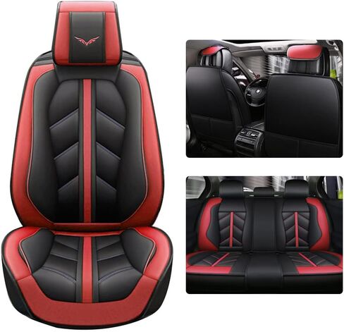 otoez Leather Car Seat Covers Full Set, Full Coverage Seat Covers for Cars, Waterproof Automotive Front & Back Seat Protector Universal Fit Most 5 Seats Car Sedan Truck SUV (Black & Red) in Saudi Arabia