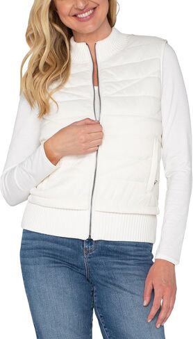 Liverpool Los Angeles Women's Sleeveless Quilted Front Full Zip Sweater Vest Sweater Yarn, Porcelain, X-Small in Saudi Arabia