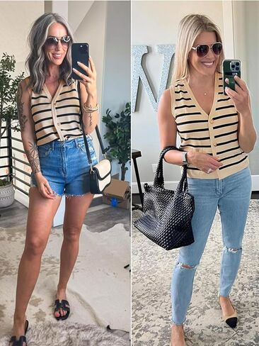 YKR Sweater Vest for Women Sleeveless Knit Striped Sweater Tank Tops 2024 Trendy Summer Cropped Button Up Vest Tops Shirts in Saudi Arabia