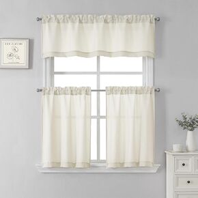 SeeGlee Faux Linen Light Filtering Semi-Sheer Rod Pocket Kitchen Curtain Valance and Tiers Set for Small Window,W52 x L15+ 2 Pcs W26 x L36(Toal:W52 x L36),Cream/Light Beige