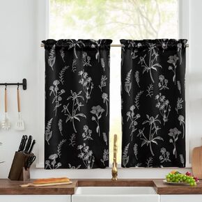 F-CHU Black Floral Kitchen Curtains 36 inch Black Lined Tier Curtains Cafe Curtains Country Botanic Small Window Curtains Rod Pocket Rustic for Laundry Room Bathroom 2 Panels 26X36 Inch