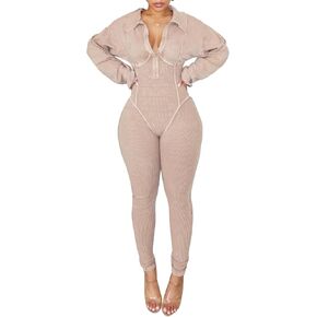 LKOUS Women's Sexy V-Neck Solid Color Long One Piece Jumpsuits,Lantern Long Sleeve Elastic Waist Pant Rompers