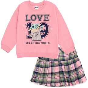 STAR WARS The Mandalorian Grogu Girls Fleece Drop Shoulder Sweatshirt & Pleated Skirt Toddler to Big Kid Sizes (2T - 14-16)