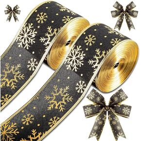2 Rolls 40 Yards Christmas Snowflake Ribbon 2.5 Inch Christmas Black and Gold Wired Ribbon Xmas Glitter Ribbons Craft Gift Wrapping Ribbon for Christmas Tree Holiday Party Decoration Supplies