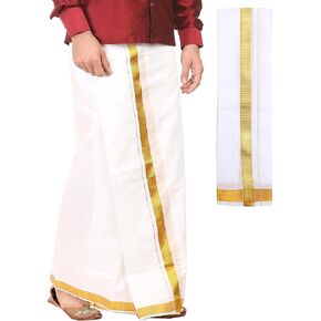 kaatru Free Size Premium White Dhoti (Dhoti Length 3.7 Meters) and Angavastram - 1 Inch Golden Border