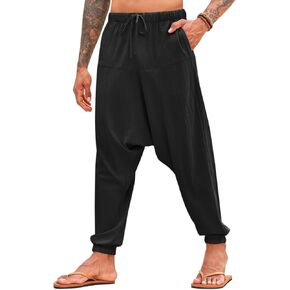 PASLTER Mens Harem Pants Baggy Casual Cotton Linen Boho Yoga Drop Crotch Hippie Trousers