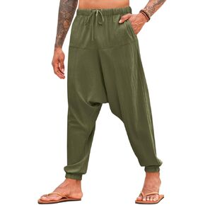 PASLTER Mens Harem Pants Baggy Casual Cotton Linen Boho Yoga Drop Crotch Hippie Trousers