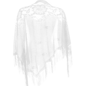 White Lace Shawls Wraps with Fringe, Triangle Mesh Fringe Scarf for Evening Dresses, Women Soft Lace Scarf with Tassels for Evening Party Dress, Mesh Floral Wedding Shawls