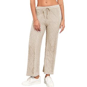 Famulily Womens Cable Knit Chenille Long Pants Casual Drawstring Wide Leg Pants Fleece Warm Pajamas Pants