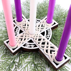 Shellwei Christmas Advent Wreath Candle Holder, Nativity Candle Holder with Celtic Knot Cross Shaped Advent Candle Holder for Christmas Table Centerpiece Decorations Religious Gift (Wood,Wood Color)